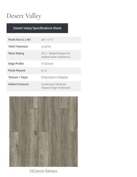 Desert Valley flooring specification sheet with a sample photo of the Sahara color.