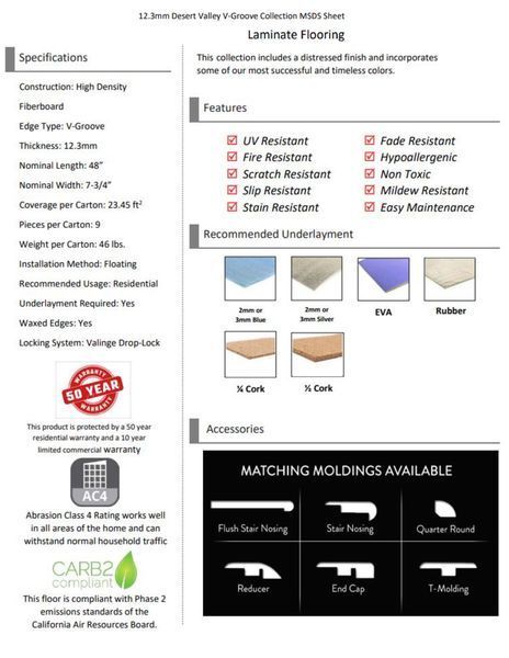 Laminate flooring specifications sheet with features and accessories.