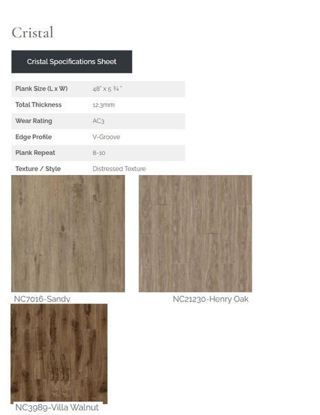 Cristal flooring specifications with three wood-look samples: Sandy, Henry Oak, and Villa Walnut.