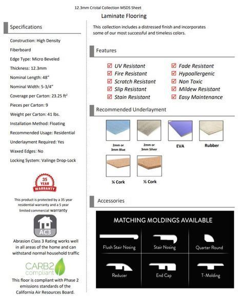 Laminate flooring specifications sheet. Features include UV resistant, fire resistant, and easy maintenance.
