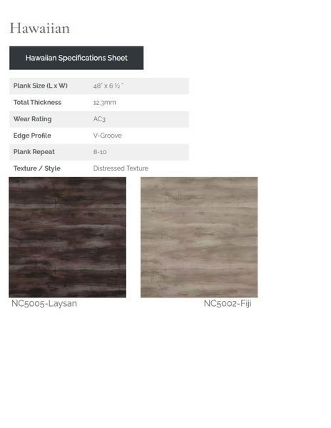 Specifications sheet and color samples for Hawaiian wood flooring. Includes details like plank size, wear rating, and textures.