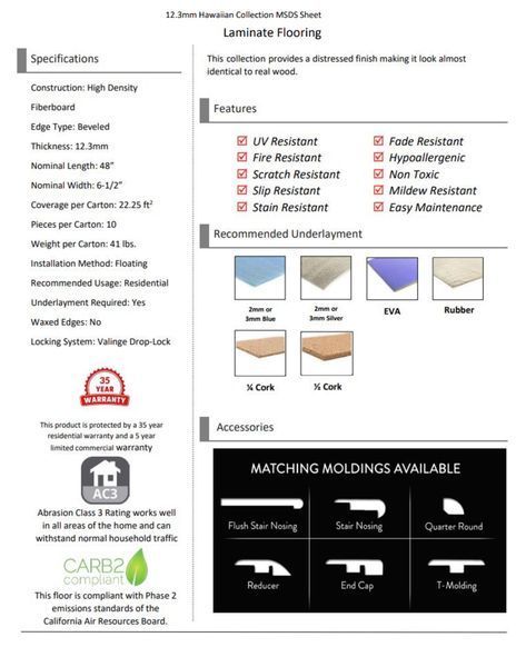 Laminate flooring specifications sheet. Features include UV resistant, stain resistant, and scratch resistant. Accessories include matching moldings.