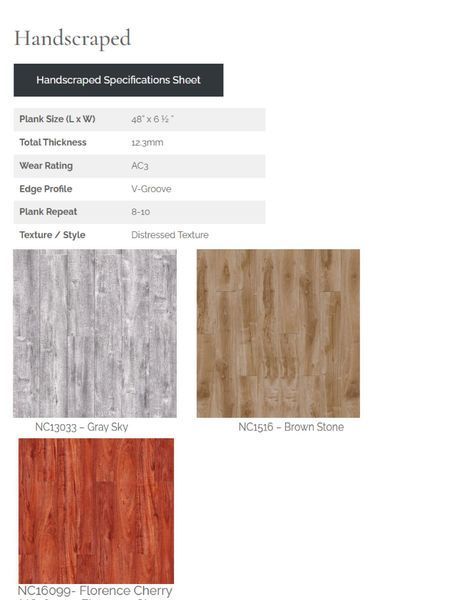 Handscraped flooring samples: Gray Sky, Brown Stone, and Florence Cherry. Specifications sheet included.