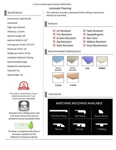 Laminate flooring specifications sheet. Features listed: UV resistant, fire resistant, and stain resistant. Matching moldings shown.