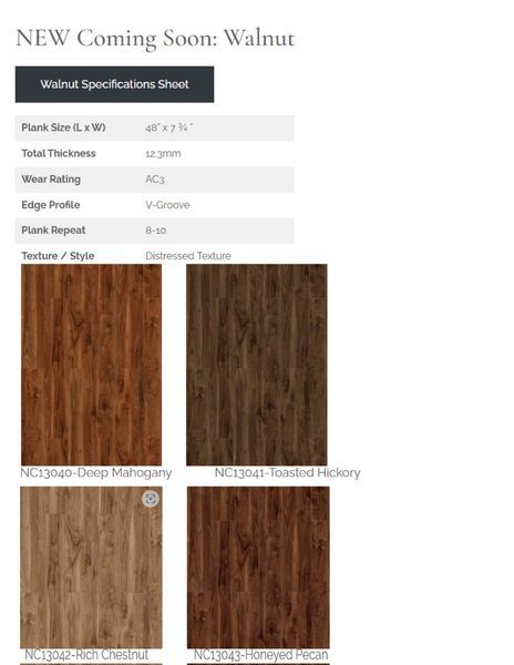Walnut flooring samples, including Deep Mahogany, Tawny Hickory, Rich Chestnut, and Honeyed Pecan, with specifications sheet.