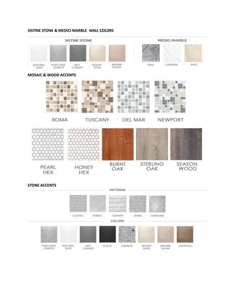 Stone, marble, mosaic, wood, and paint color swatches.