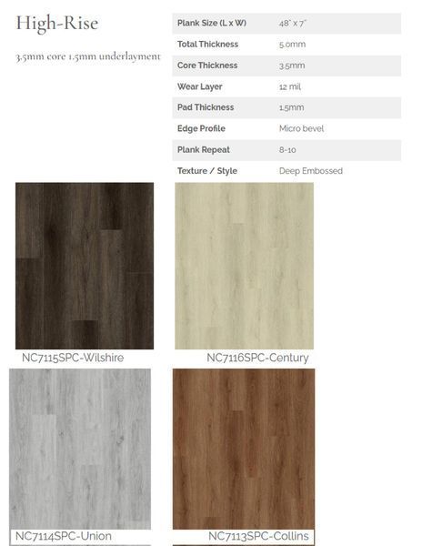 Four colors of High-Rise SPC flooring: Wistful (dark brown), Century (light beige), Union (light gray), and Collins (medium brown).