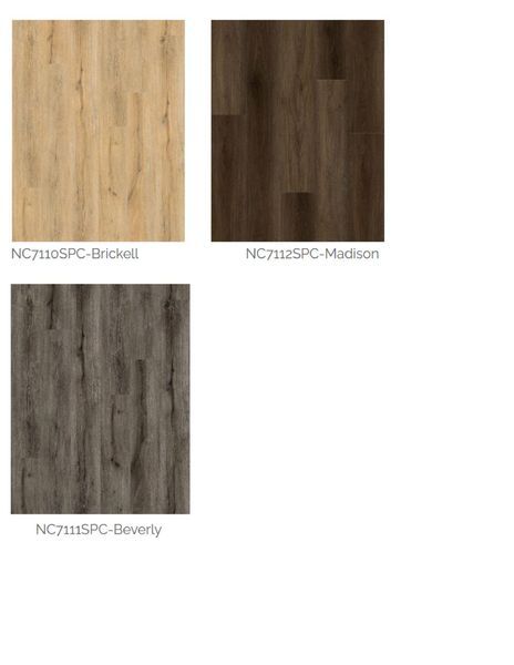 Three wood-look flooring samples: light brown (Brickett), dark brown (Madison), gray (Beverly).