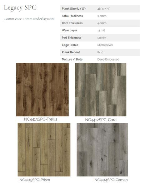 Legacy SPC flooring samples: Frelin (brown), Cora (gray), Prism (yellow-brown), Cameo (gray).