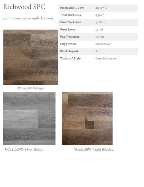 Richwood SPC flooring samples and specifications, with wood-look planks in different colors.