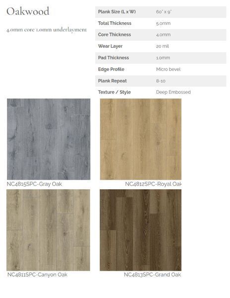 Oakwood flooring options with different wood grain patterns and colors.