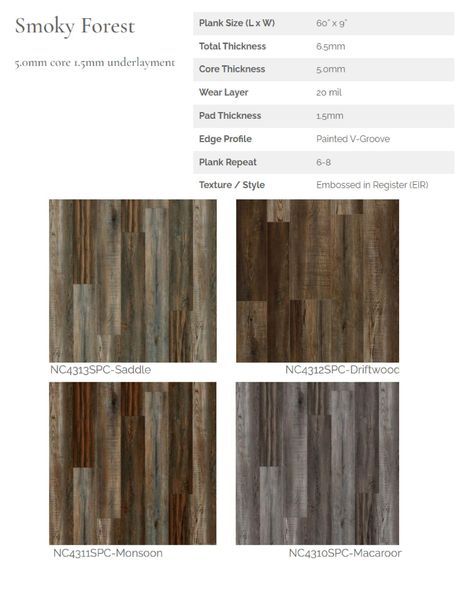 Smoky Forest flooring samples: Saddle, Driftwood, Horizon, and Moor colors.