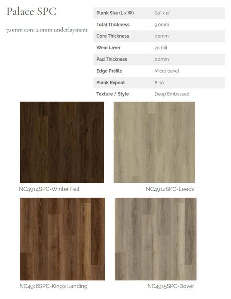 Palace SPC flooring options: four wood-look samples in shades of brown and gray, with specifications table.