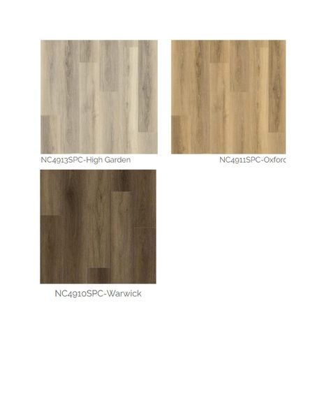 Three samples of wood-look flooring: High Garden (light), Qmox (golden), and Warwick (dark brown).