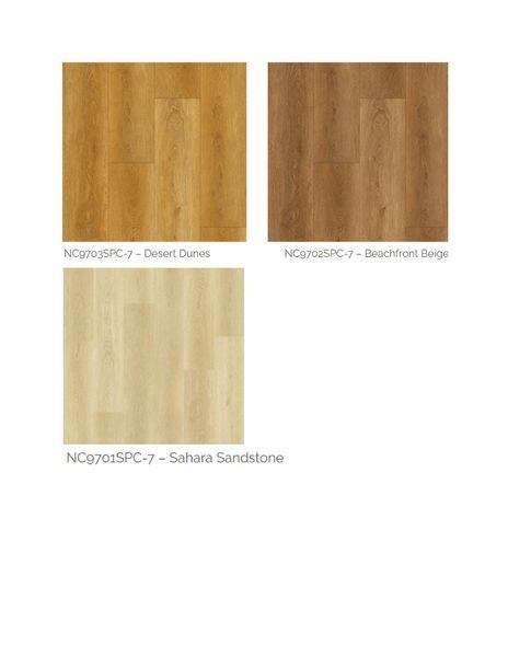 Three samples of wood-look flooring: Desert Sunset (golden), Beachfront Beige (brown), and Sahara Sandstone (light beige).