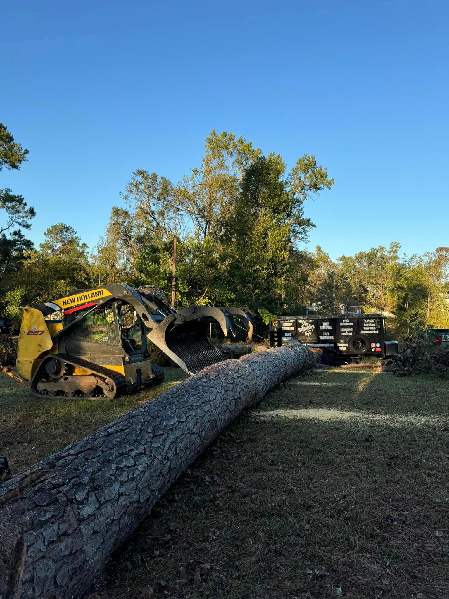 A large log is being lifted by a bulldozer in a field.