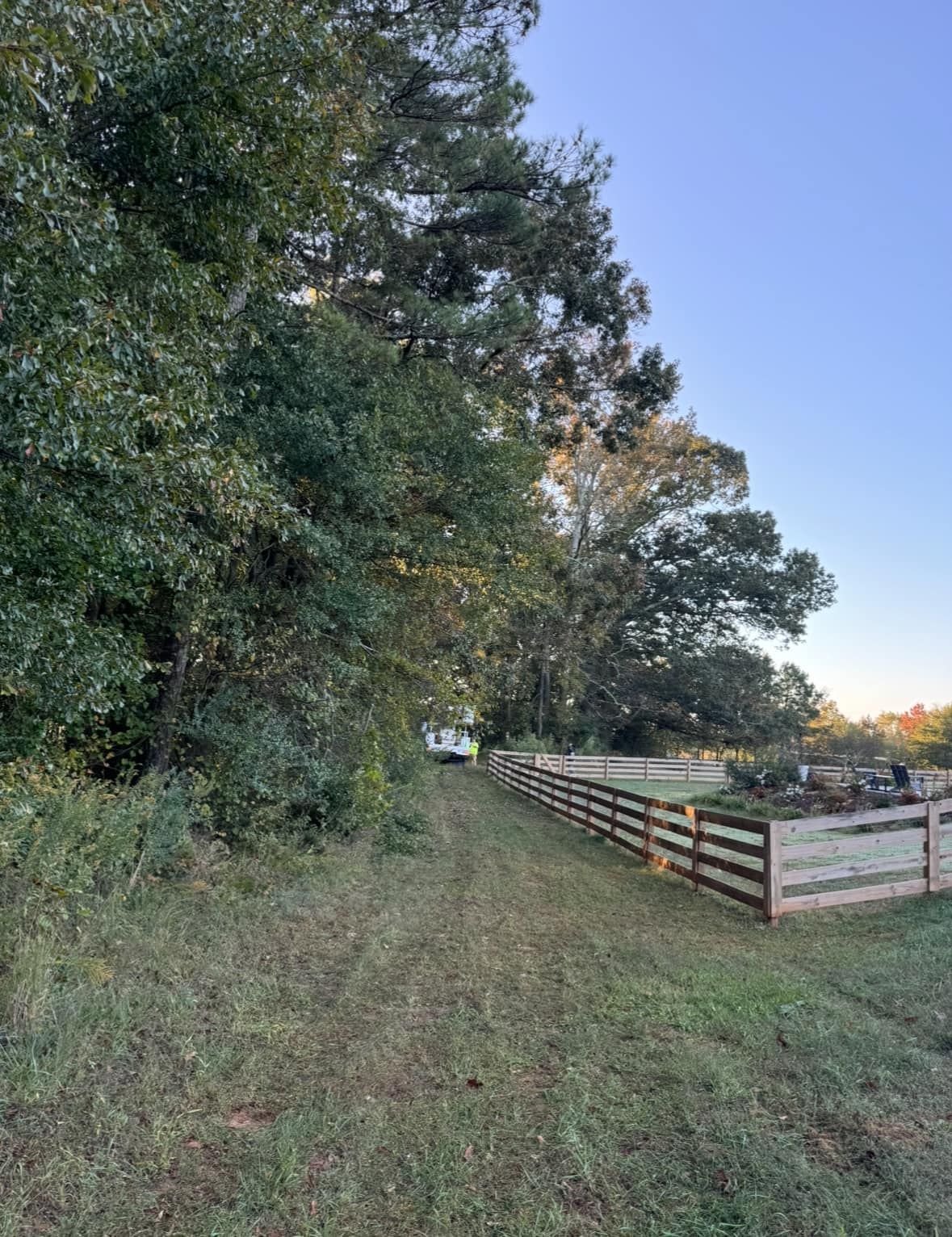 A wooden fence surrounds a grassy field with trees in the background.