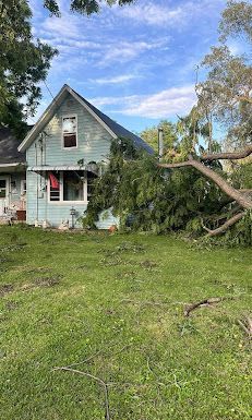 A light blue house with a fallen tree branch on its roof; green grass and a blue sky.