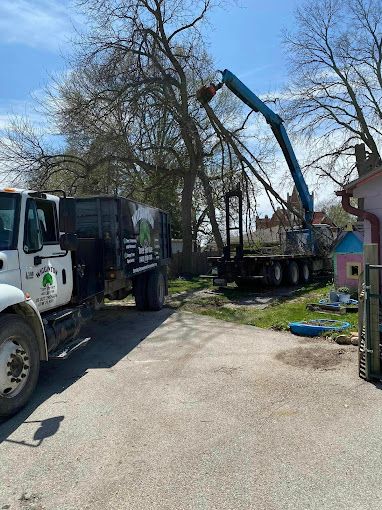 Truck with a crane removing tree branches near a house. Blue sky.