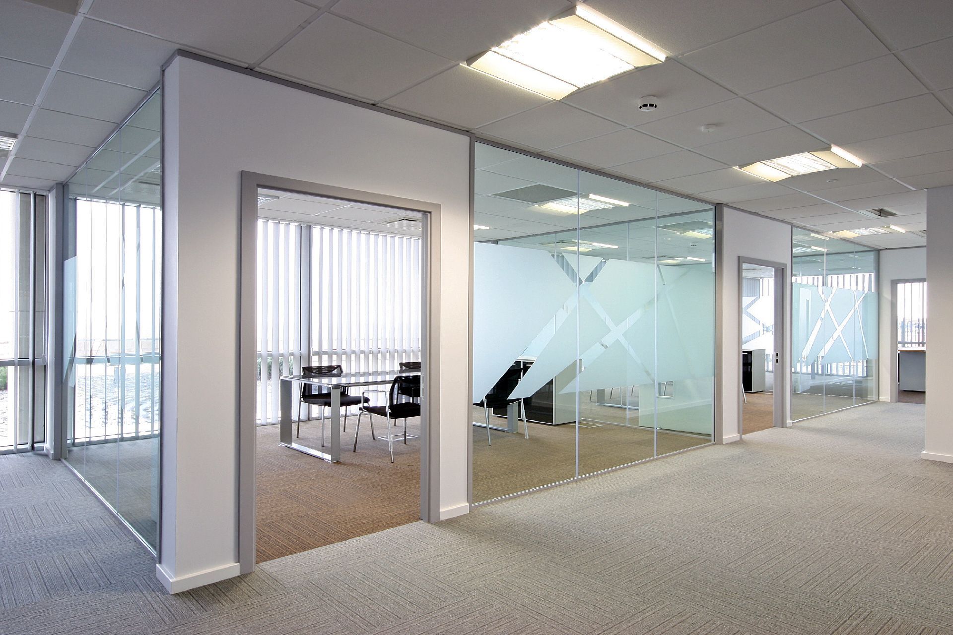 Interior de oficina con habitaciones con paredes de vidrio y diseños esmerilados, alfombra neutra y luces de techo brillantes.