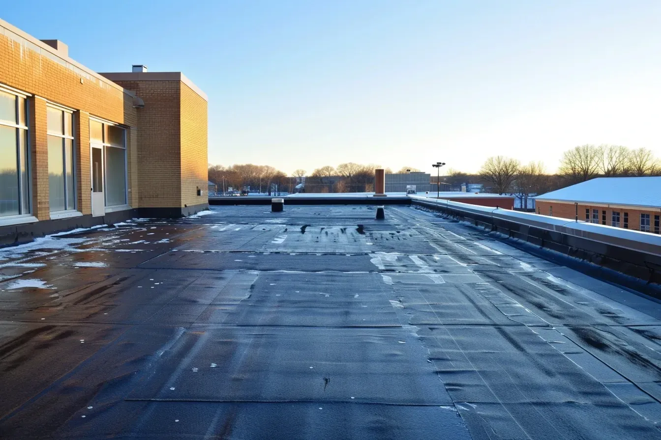 Roofer applying roof sealant on warehouse in Madison WI industrial zone.