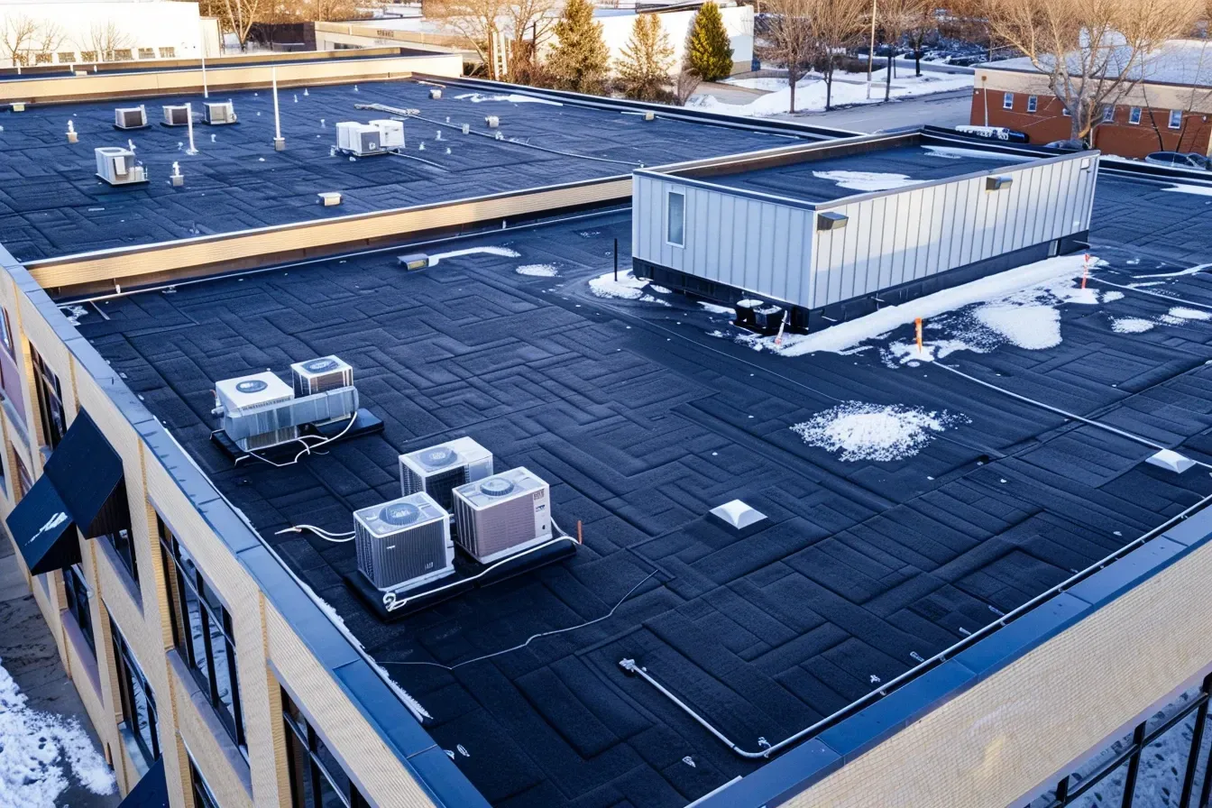 Commercial flat roofing job in Madison WI downtown area.