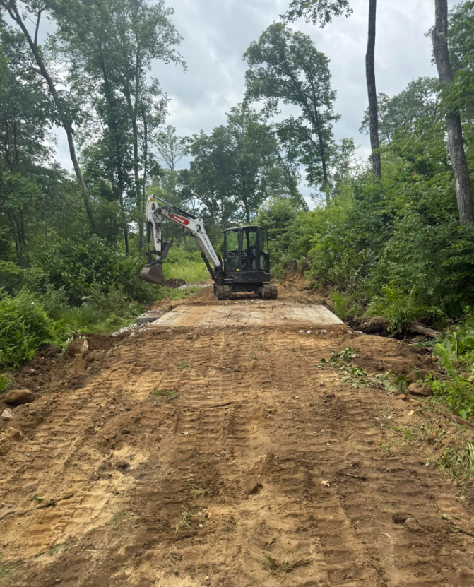 An excavator on a dirt road, trees on both sides, cloudy sky.