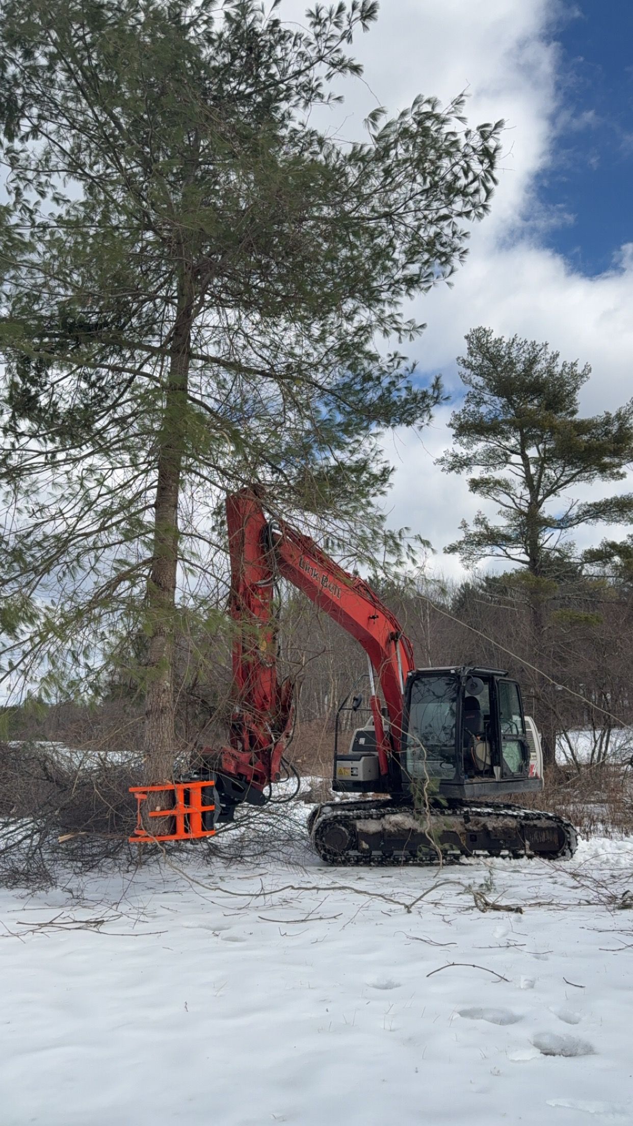 A red forestry excavator with a grapple attachment stands in a snowy forest clearing next to tall pine trees.