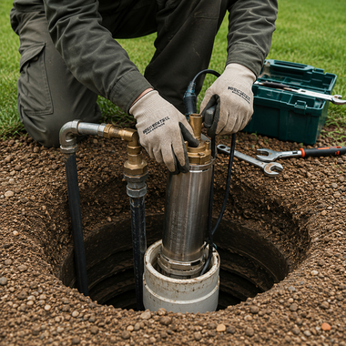 Worker installing a metal water pump in a gravel-lined well pit with tools nearby