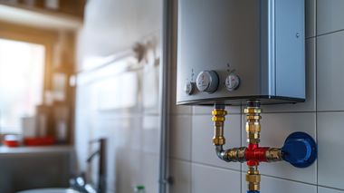 Wall-mounted white water heater with brass pipes and a blue valve in a tiled utility room