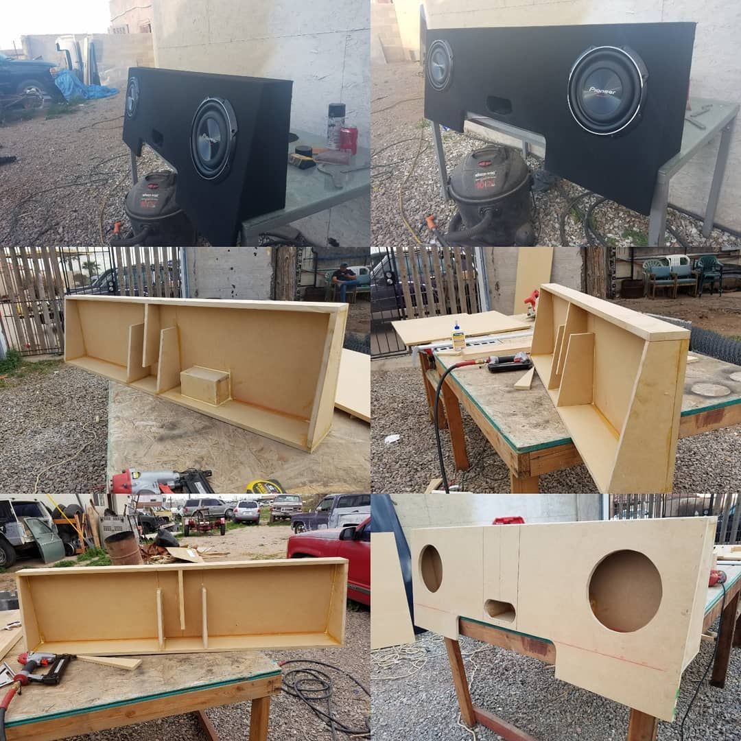 Collage of images showing the construction of a car audio subwoofer box. Construction takes place outdoors.