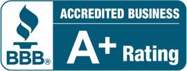 BBB Accredited Business logo: White and teal badge with a stylized flame symbol and the words 