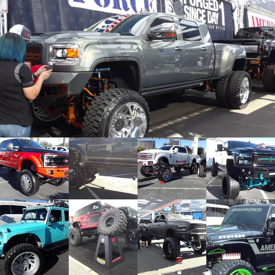 A collage of several lifted trucks on display, featuring various colors and modifications, with people visible near some.