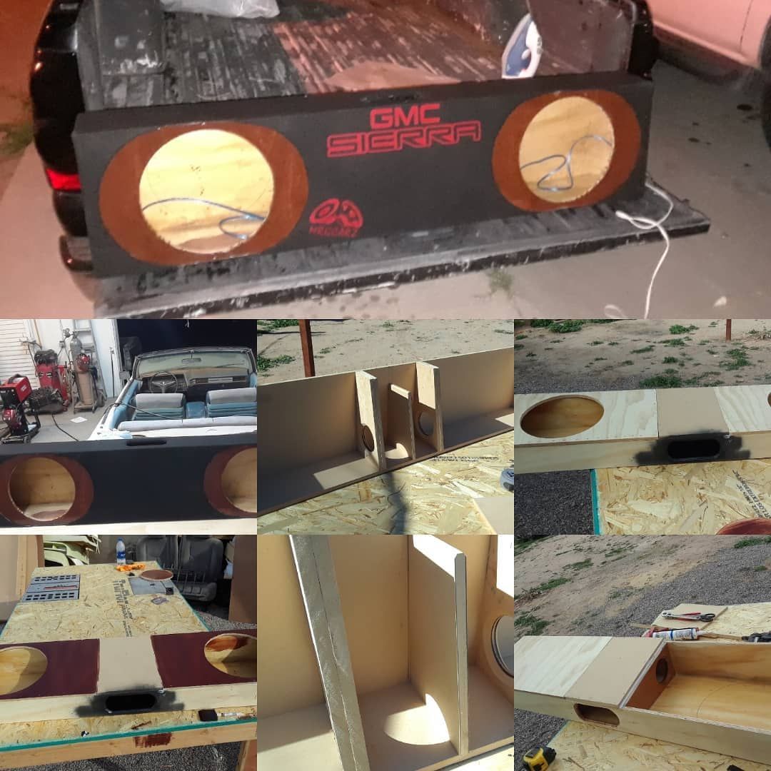 A collage showing the construction and final product of a custom subwoofer box 