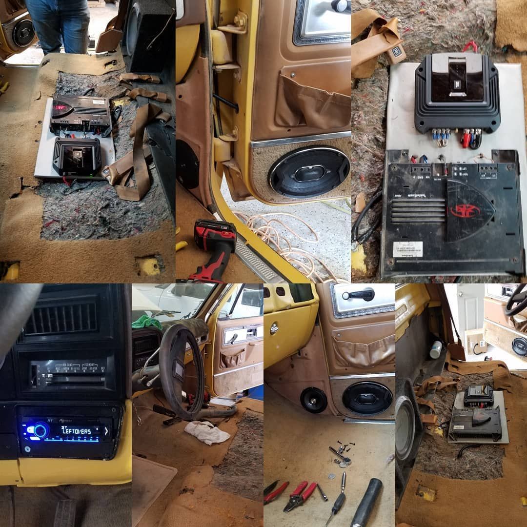 Car audio system installation; interior details, speakers, amplifiers, and a head 