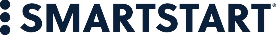 Logo for SmartStart, dark blue text and three small dark blue circles to the left.