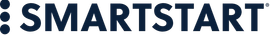 Logo for SmartStart, dark blue text and three small dark blue circles to the left.