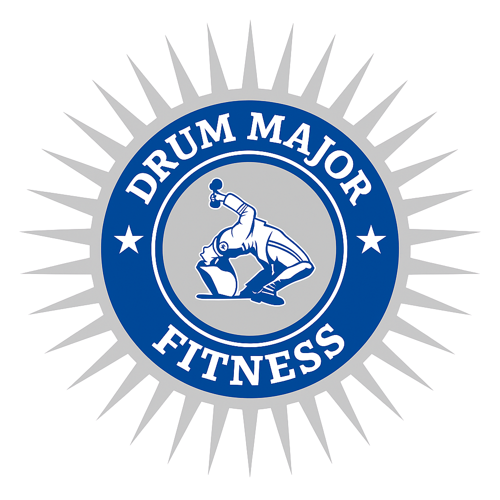 Logo for Drum Major Fitness: A blue and grey circular emblem featuring a figure weightlifting, surrounded by spikes.