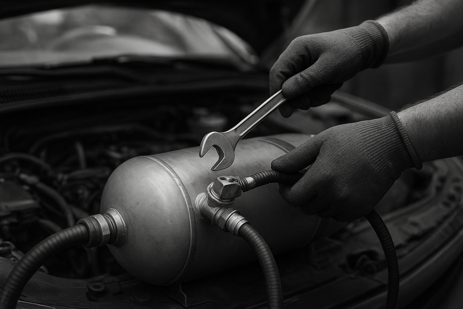 Manos con guantes de trabajo utilizando una llave en un tanque de aire cilíndrico conectado al motor de un vehículo.