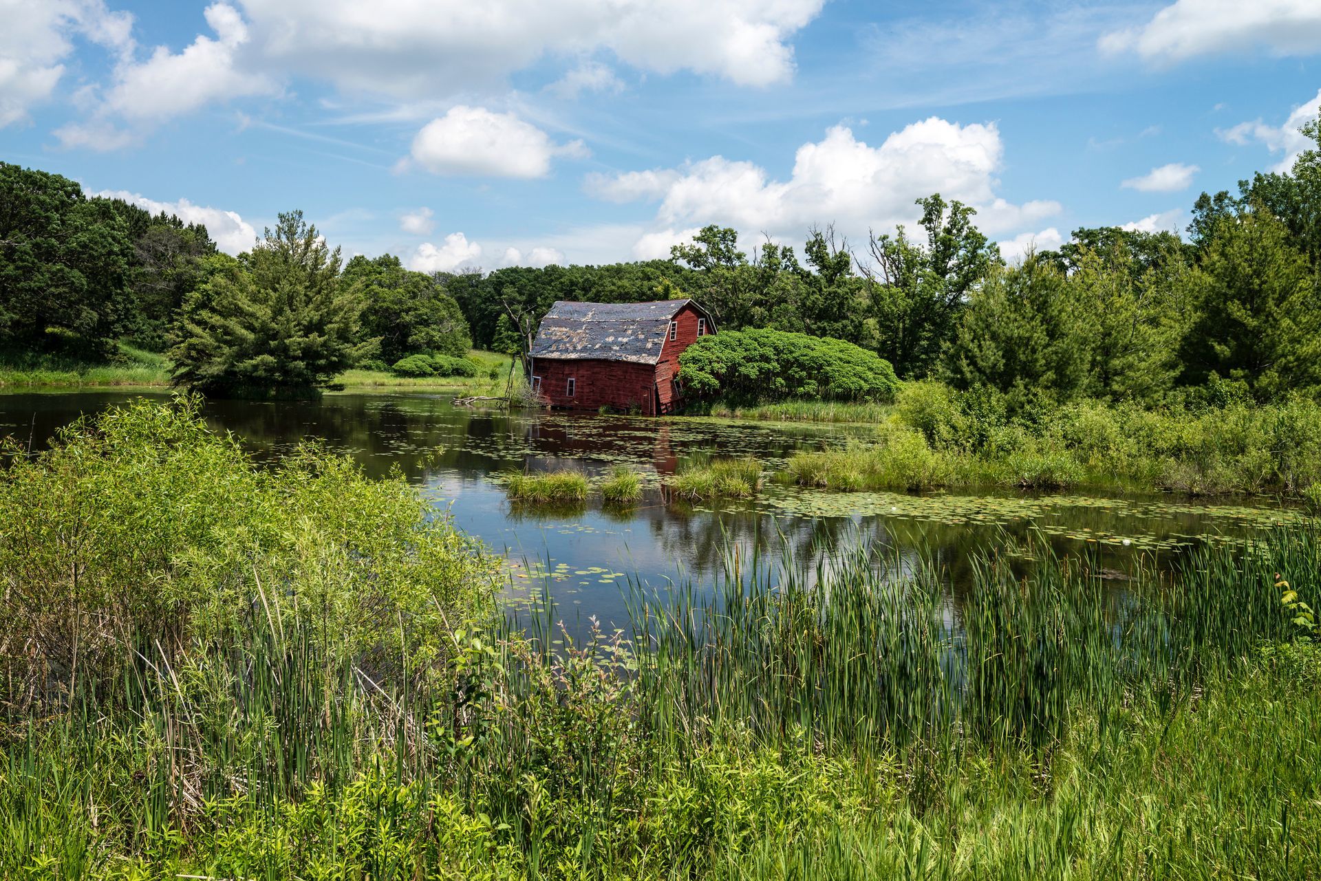 A red barn sits in the middle of a pond surrounded by trees.