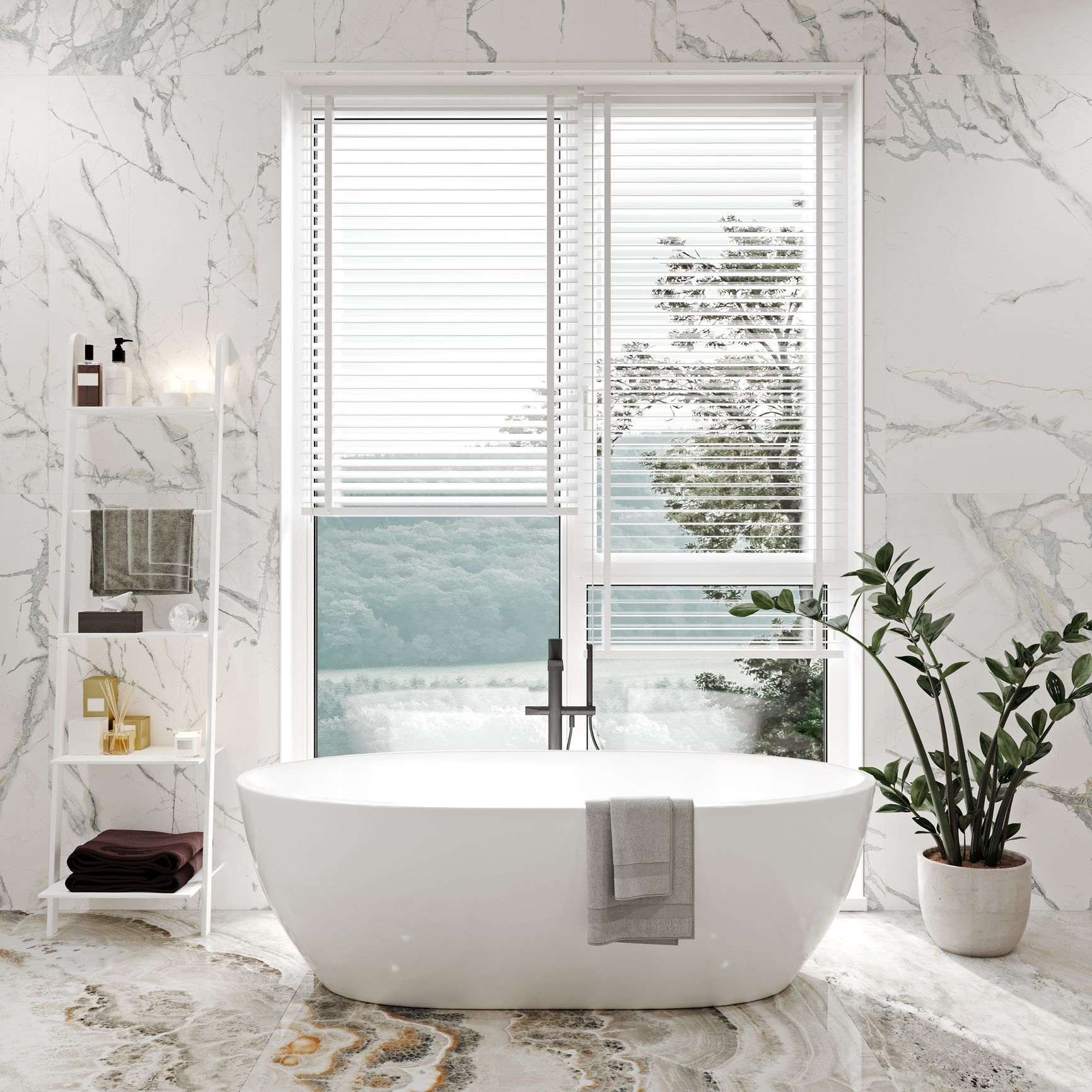 A bathroom with a tub and a window with blinds.