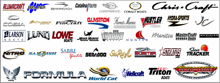 Various workshop, mechanic, and parts logos. Includes Alumacraft, Bayliner, Bennington, Catalina Yachts, Chaparral, Cobalt Boats, Chris Craft, Cobia, Cruisers Yachts, FinCraft, Galstron, Hornet Marine, Hustler Powerboats, Hydra Sports, JC, Larson Boats, Lund, Lowe Boats, Mako Marine, Malibu Boats, Hunter, Maritou, MasterCraft Boats, Meridian, Nitro, Sailfish, Sabre Yachts, Seadoo, SeaRay, Skeeter Performance, Stratos Boats, Sun Tracker, Formula, World Cat, Wellcraft, Triton Boats, World Champion Performance Offshore Powerboats