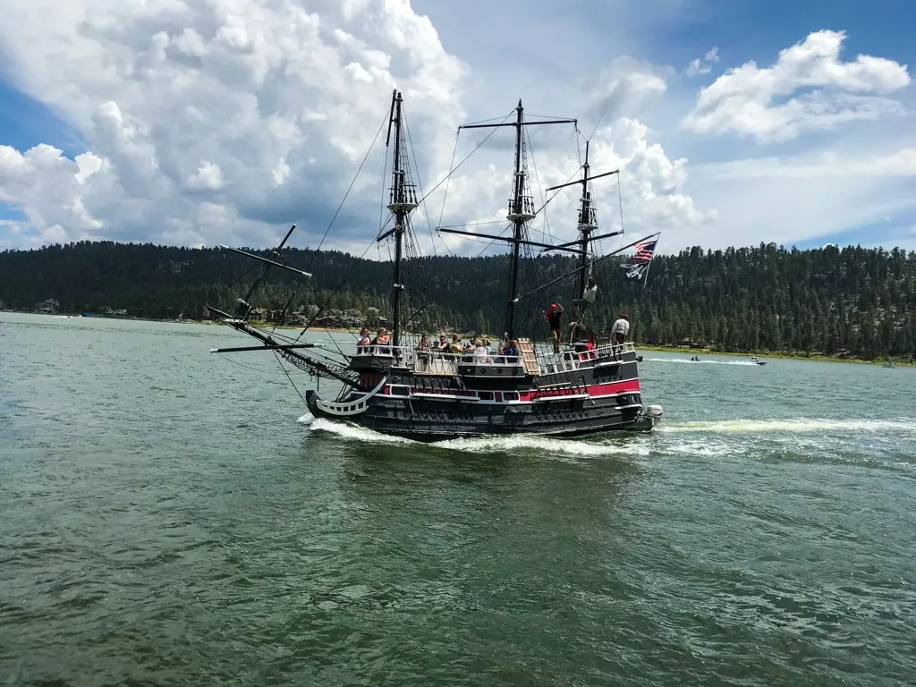 Side view of Holloway's Marina & RV Park Pirate Ship, Time Bandit,  in Big Bear Lake