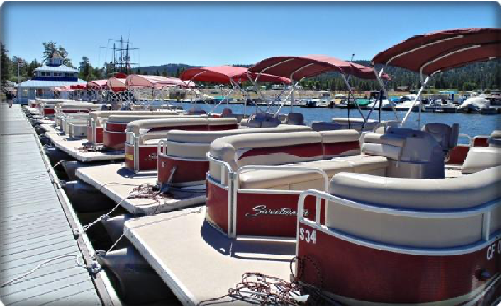multiple red and white pontoon boats in marina
