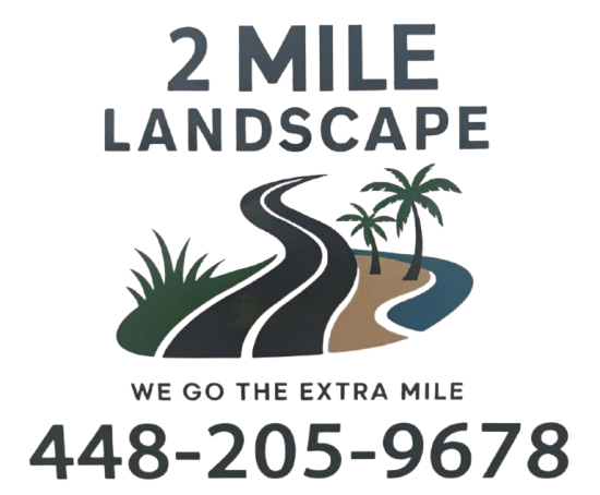 Logo for "2 Mile Landscape" with a road, trees, and phone number.
