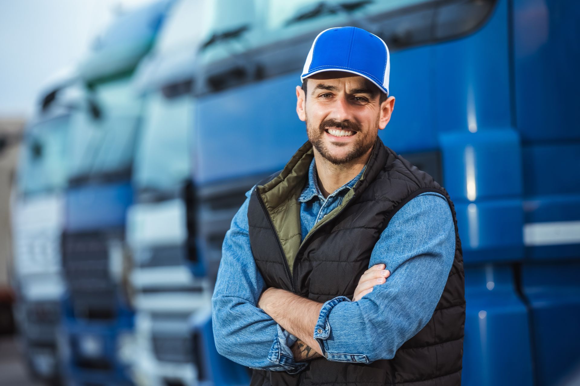 A man is standing in front of a row of blue trucks with his arms crossed.