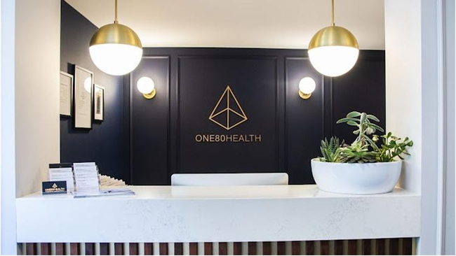 A reception desk with a potted plant in front of it