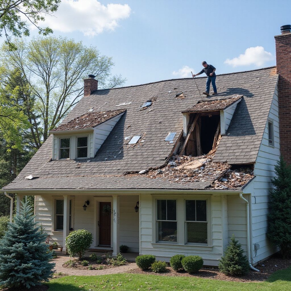 Man on damaged roof of a house, debris scattered. Blue sky, brick chimney, white siding.