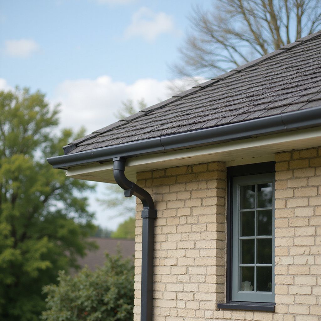 Brick house corner with black gutters, a window, and a dark roof.