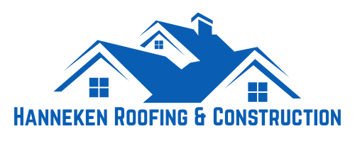 Logo for Hanneken Roofing & Construction featuring a blue roof graphic and text.